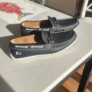 Blue leather Boat Shoes with White Stitching